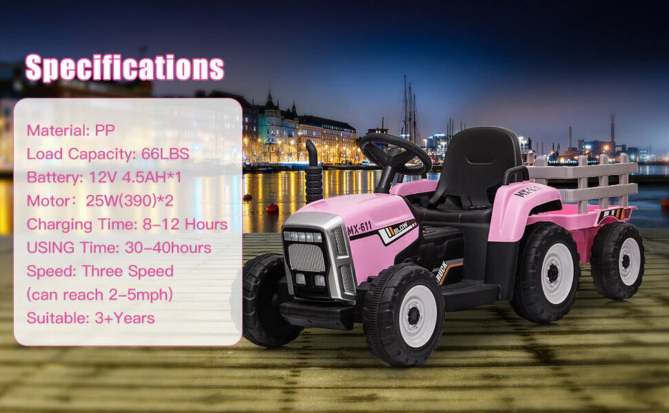 3-Speed Electric Ride On Tractor Toy with Trailer for Kids - Remote Controlled - Image 4