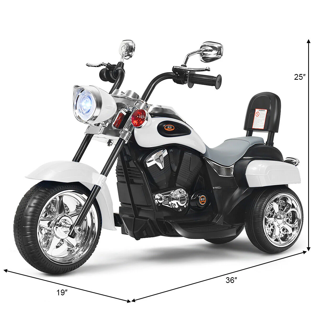 3-Wheel Chopper Motorcycle for Kids with Light & Horn - White - Image 2
