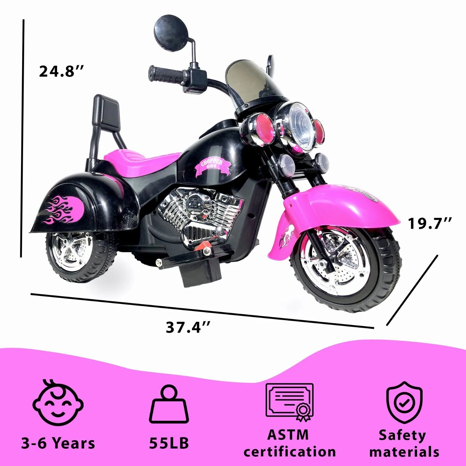 3-Wheel Chopper Ride-On Motorcycle Toy for Kids with LED Headlights - Image 10
