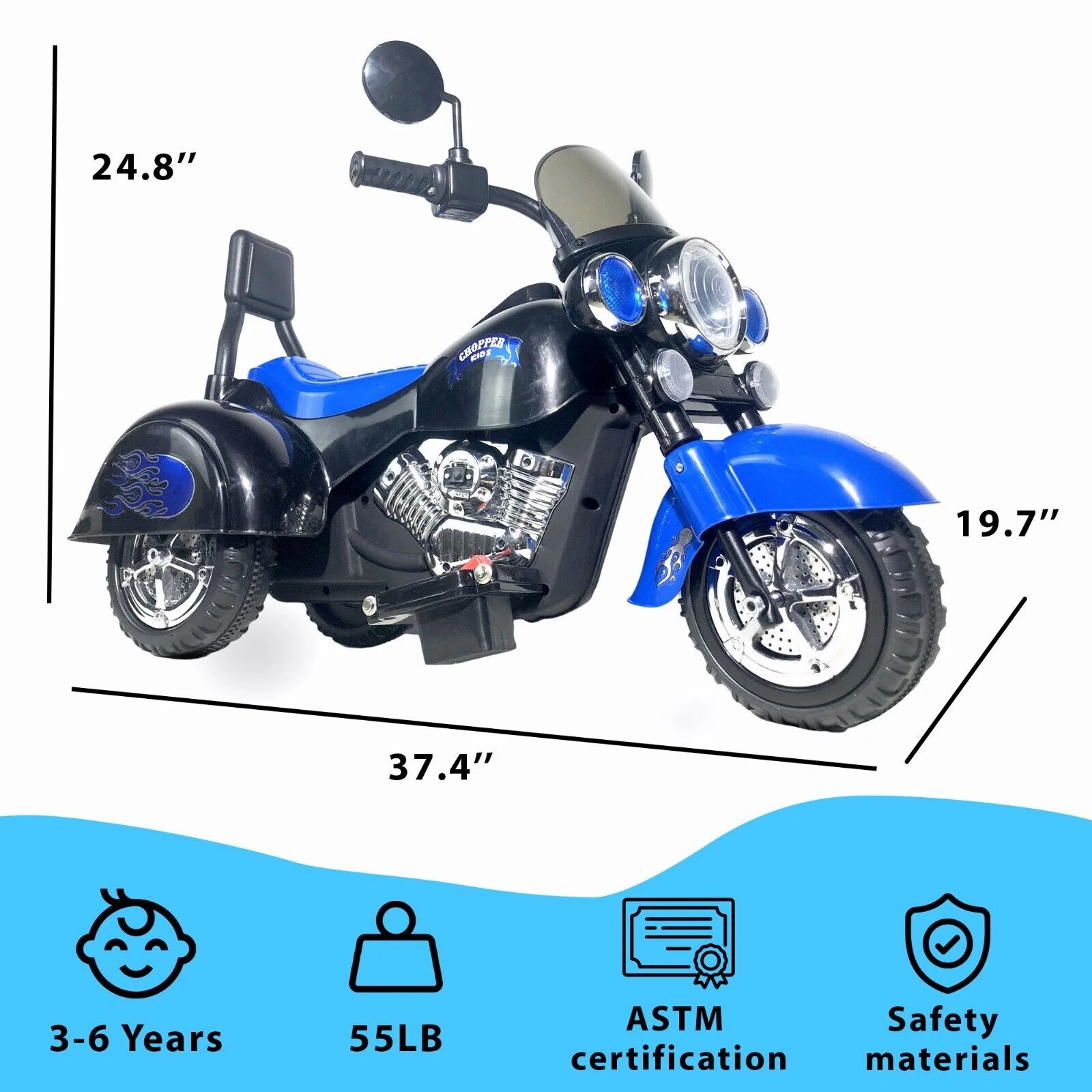 3-Wheel Chopper Ride-On Motorcycle Toy for Kids with LED Headlights - Image 25