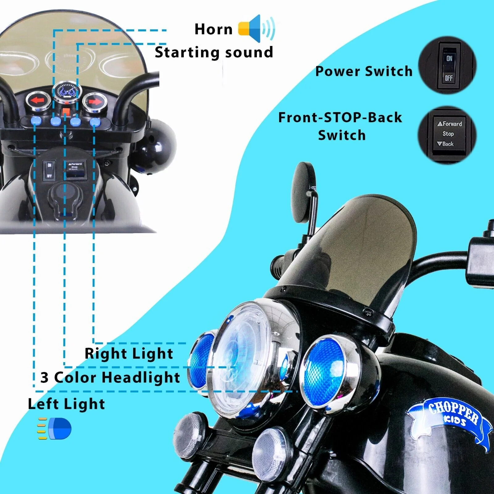3-Wheel Chopper Ride-On Motorcycle Toy for Kids with LED Headlights - Image 5