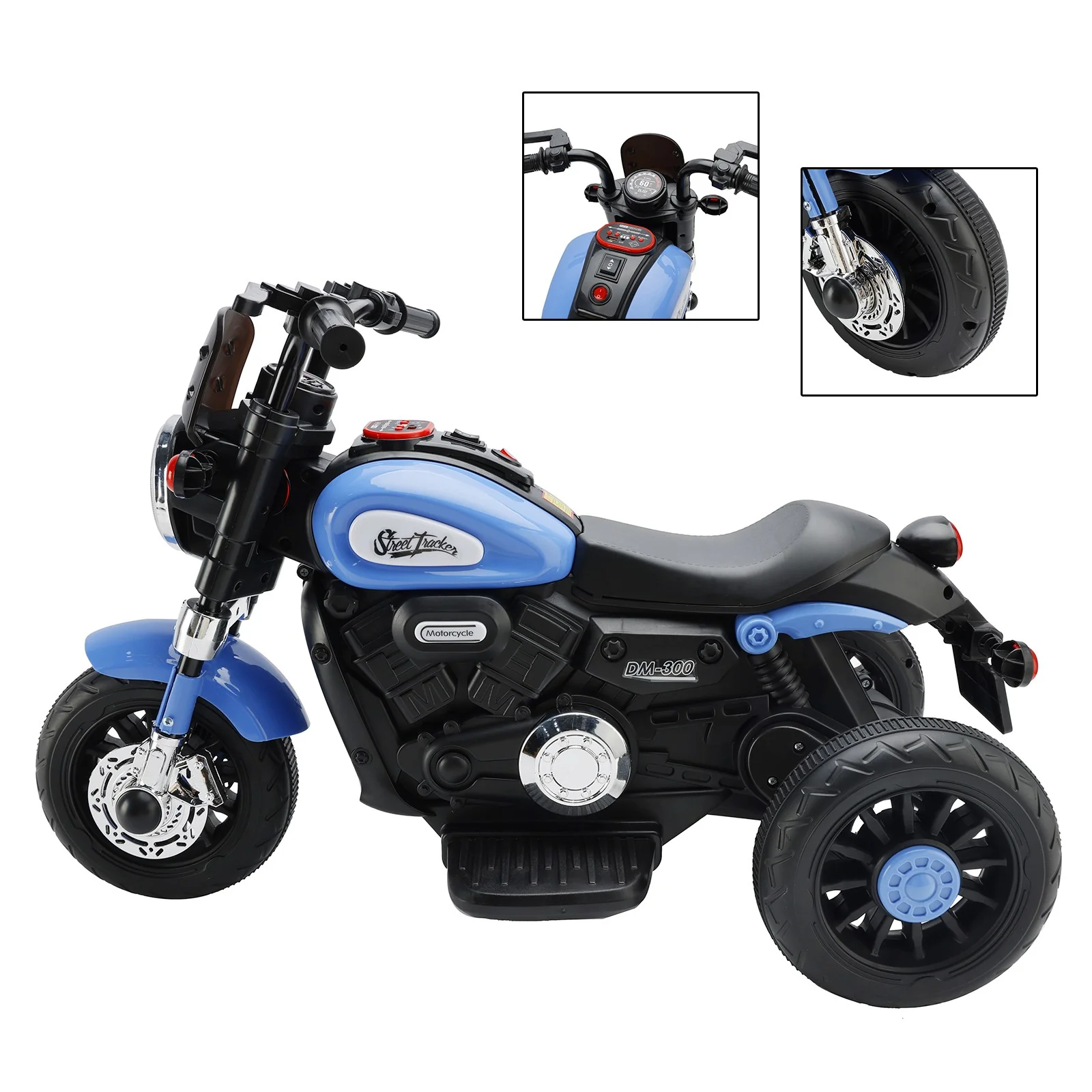 3-Wheel Electric Ride-On Motorcycle for Kids, 6V Dual Drive Toy Car, Blue