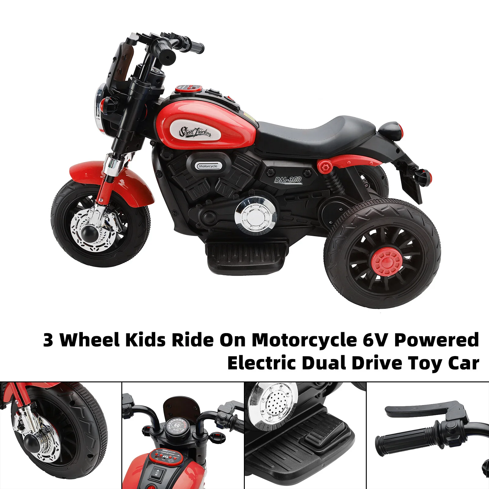 Electric 6V Red Three-Wheel Ride-On Motorcycle for Kids