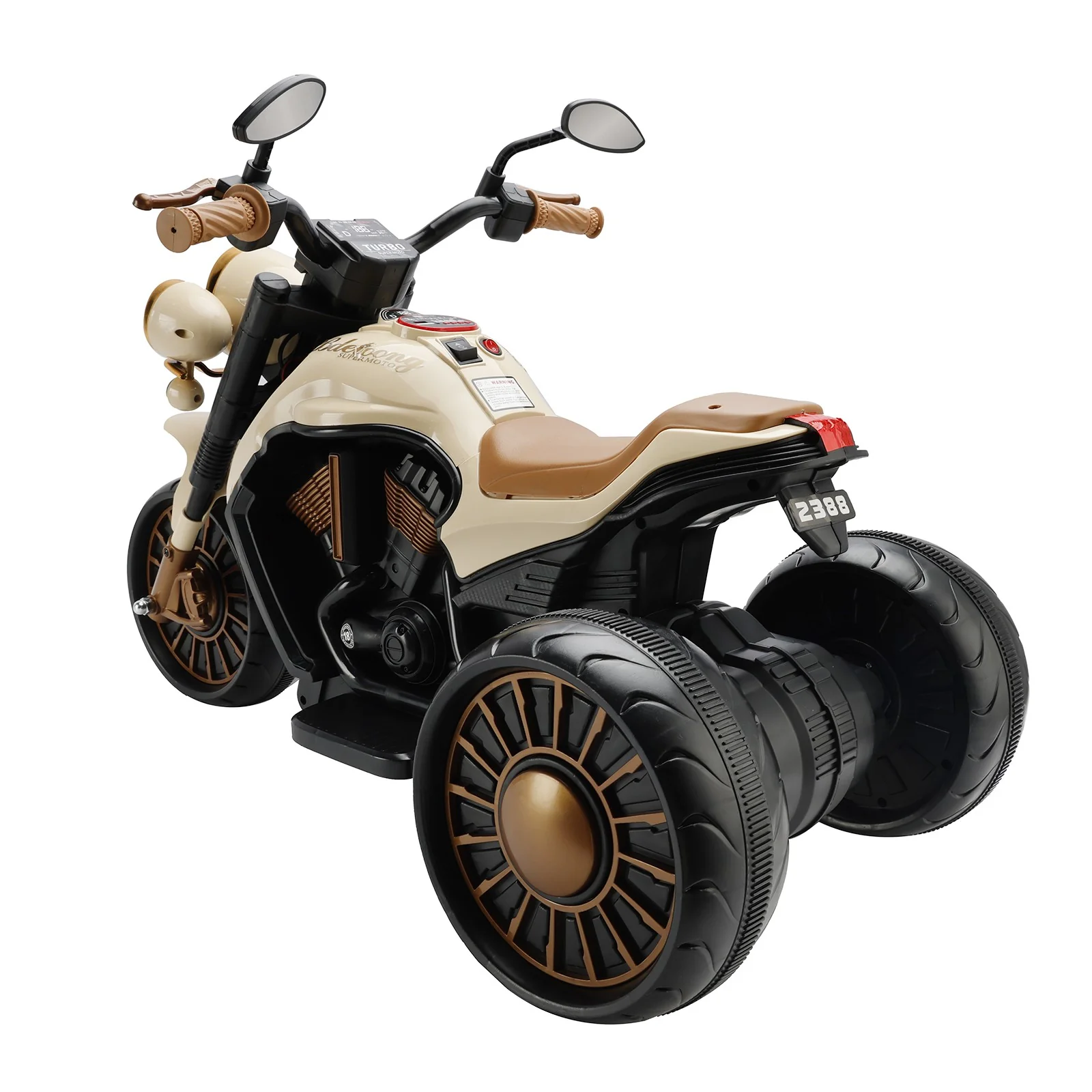 Brown Electric Dual Drive 3-Wheel Kids Ride-On Motorcycle Toy with LED Lights - Image 3