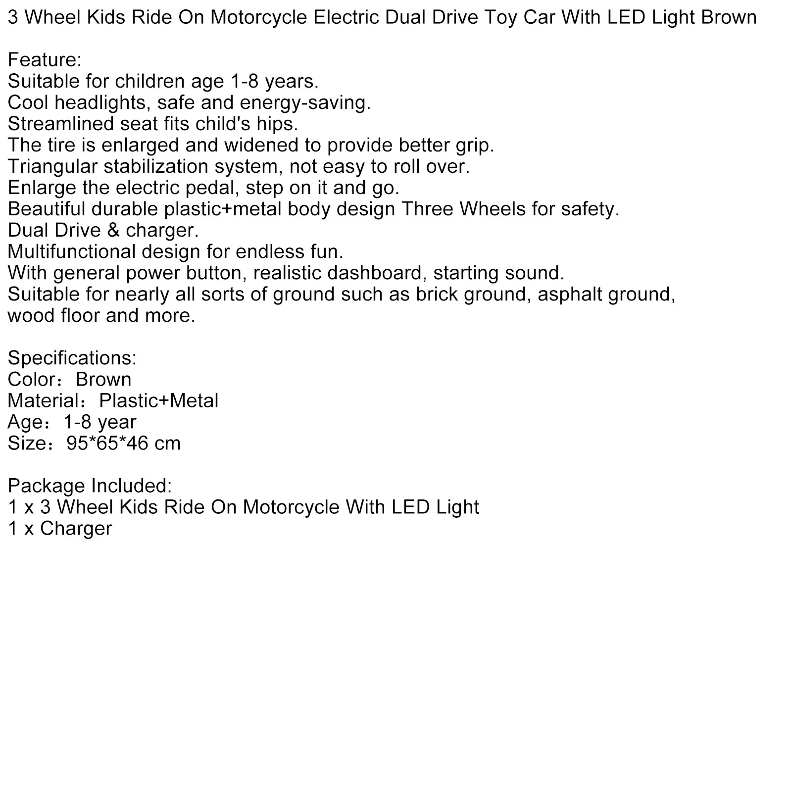 Brown Electric Dual Drive 3-Wheel Kids Ride-On Motorcycle Toy with LED Lights - Image 9