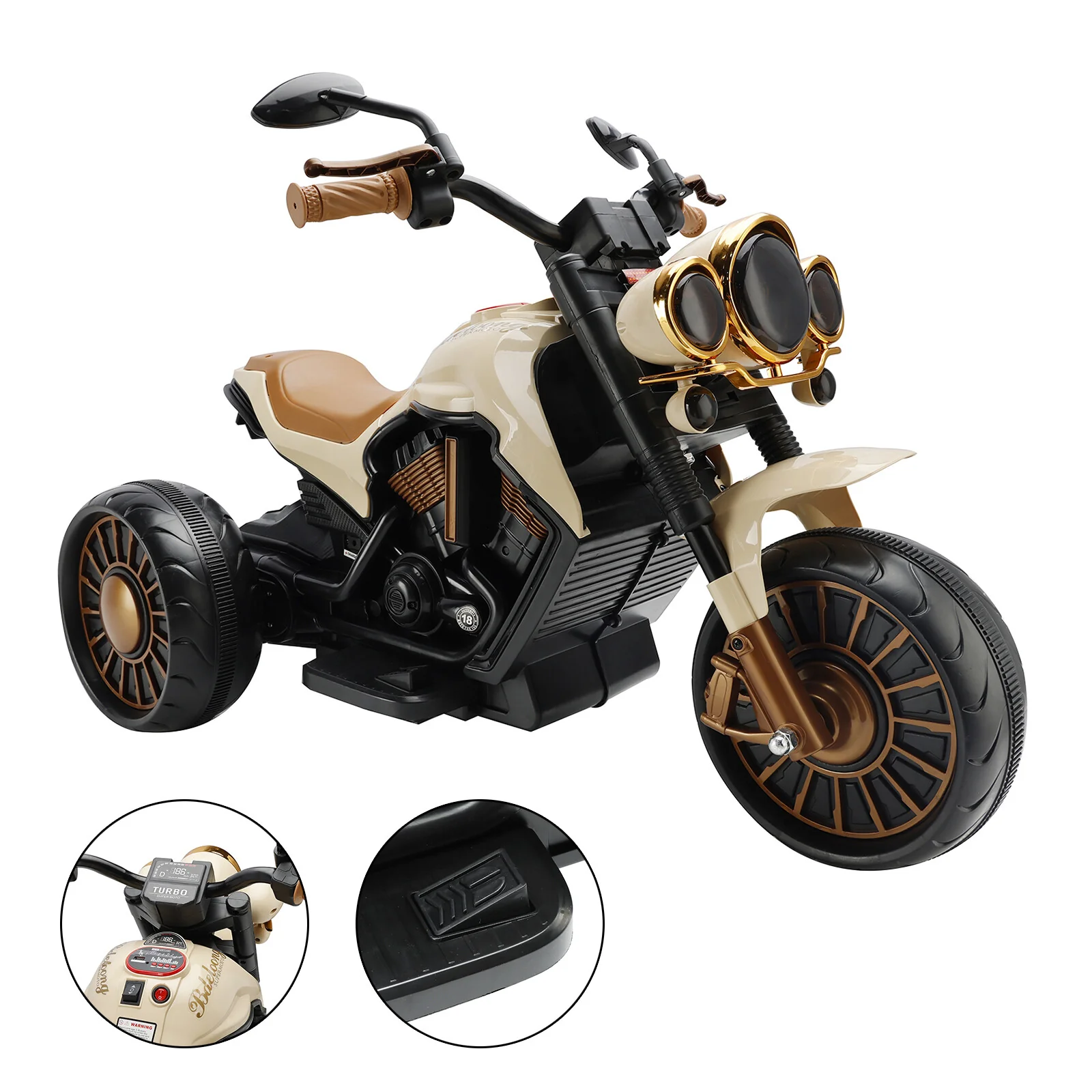 3-Wheel Electric Ride-On Motorcycle for Kids with Dual Drive and LED Lights in Brown