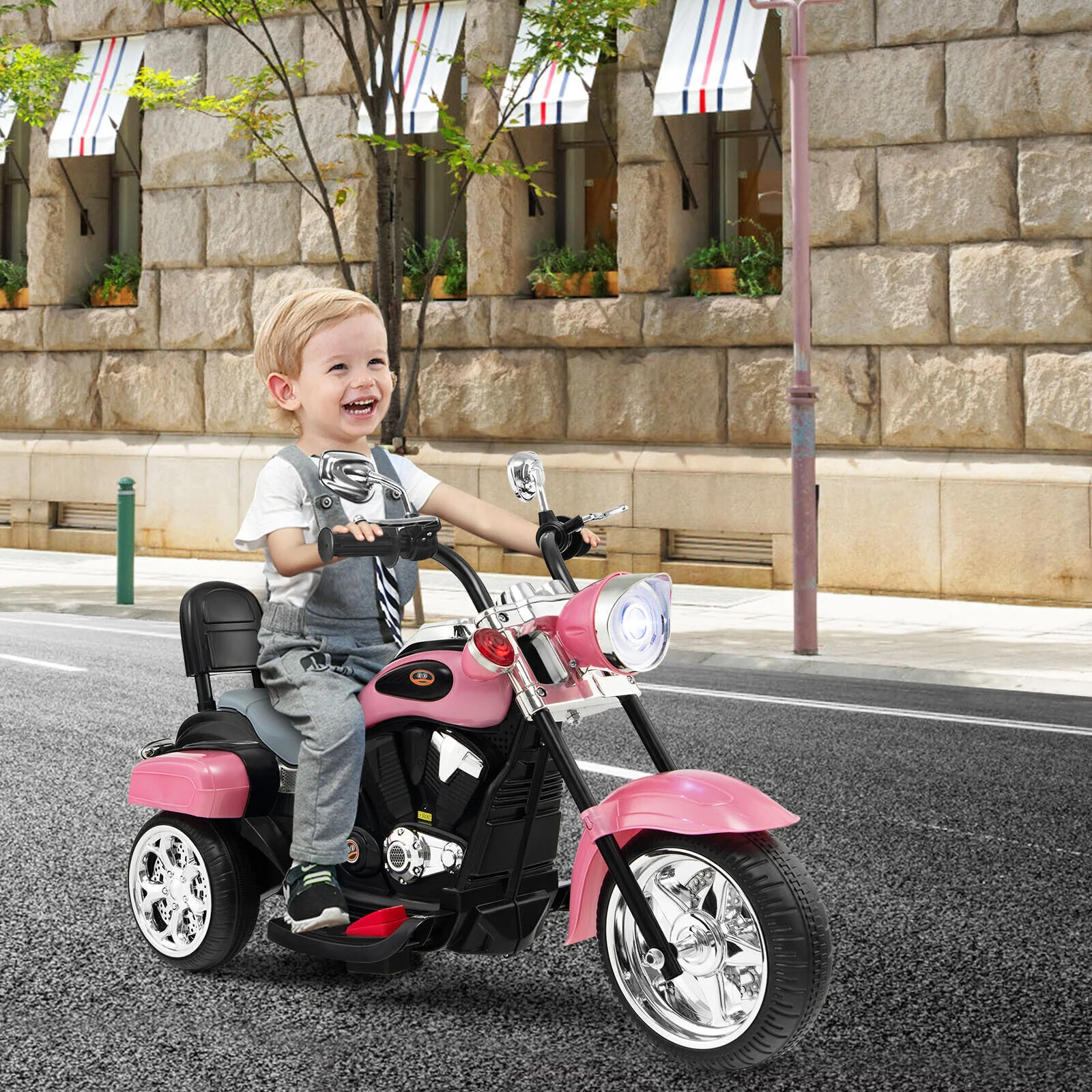 3-Wheel Pink Chopper Motorcycle for Kids with Headlight and Horn - Image 4