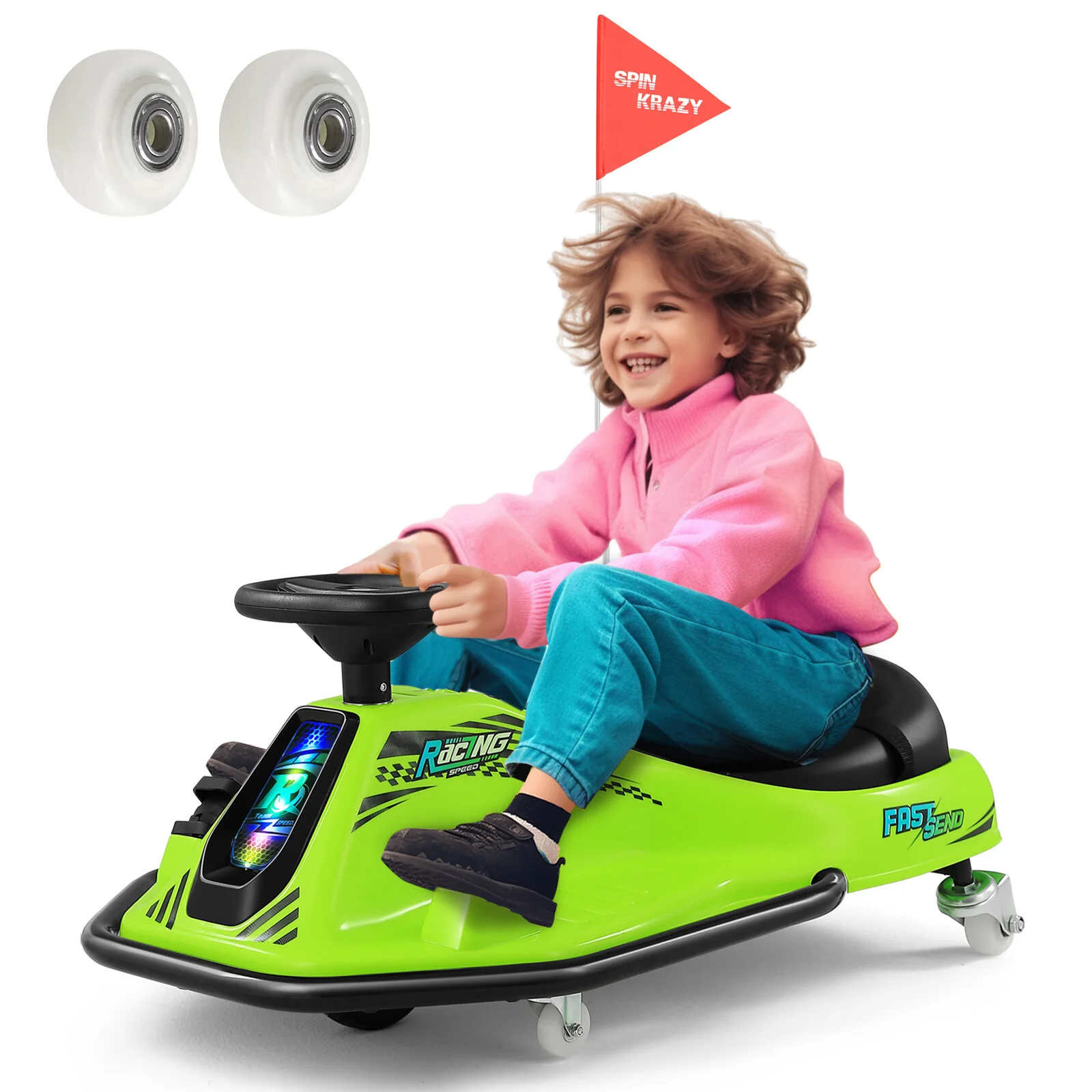24V Kids Electric Drift Go-Kart with 360° Rotation and Bluetooth Control Green