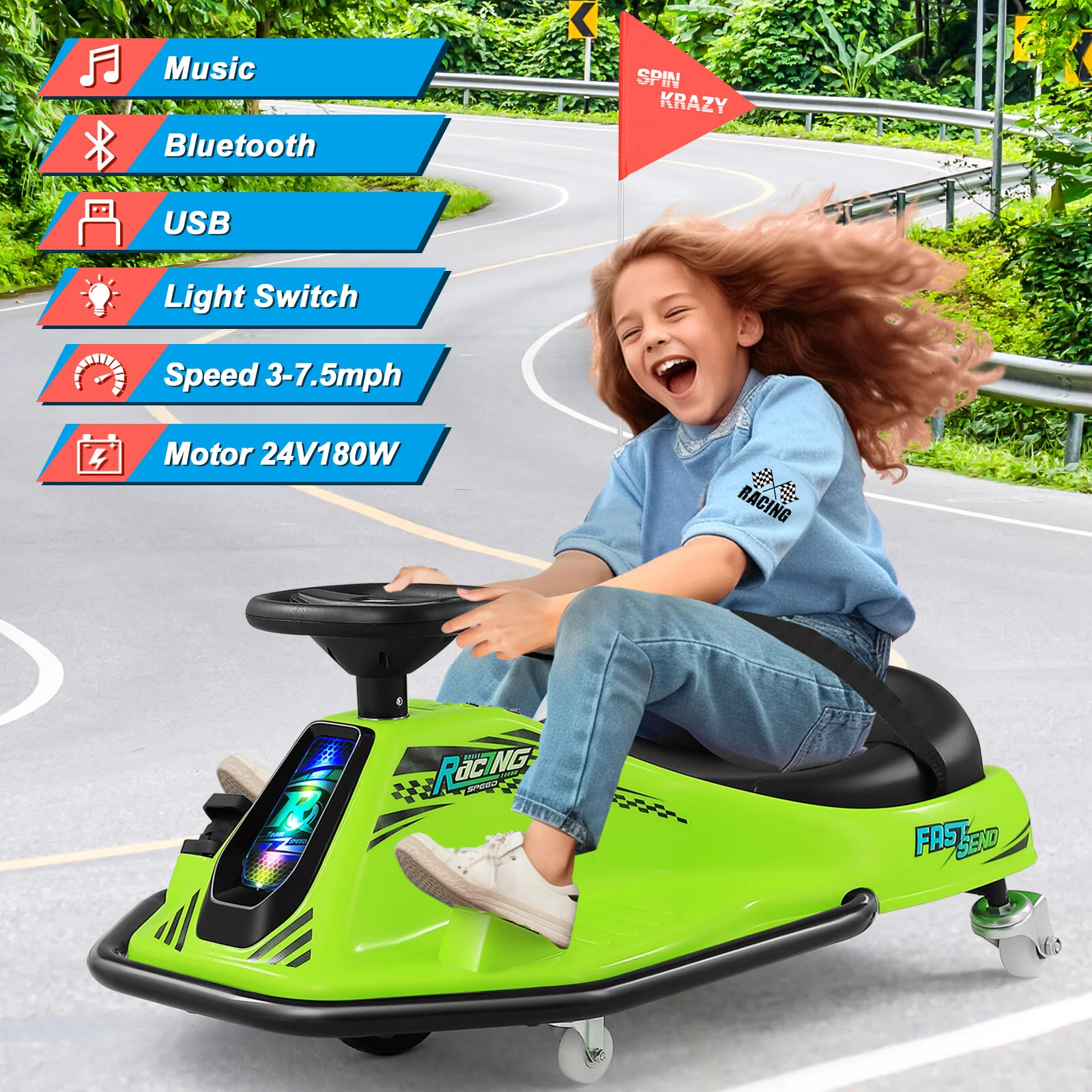 24V Kids Electric Drift Go-Kart with 360° Rotation and Bluetooth Control Green - Image 4