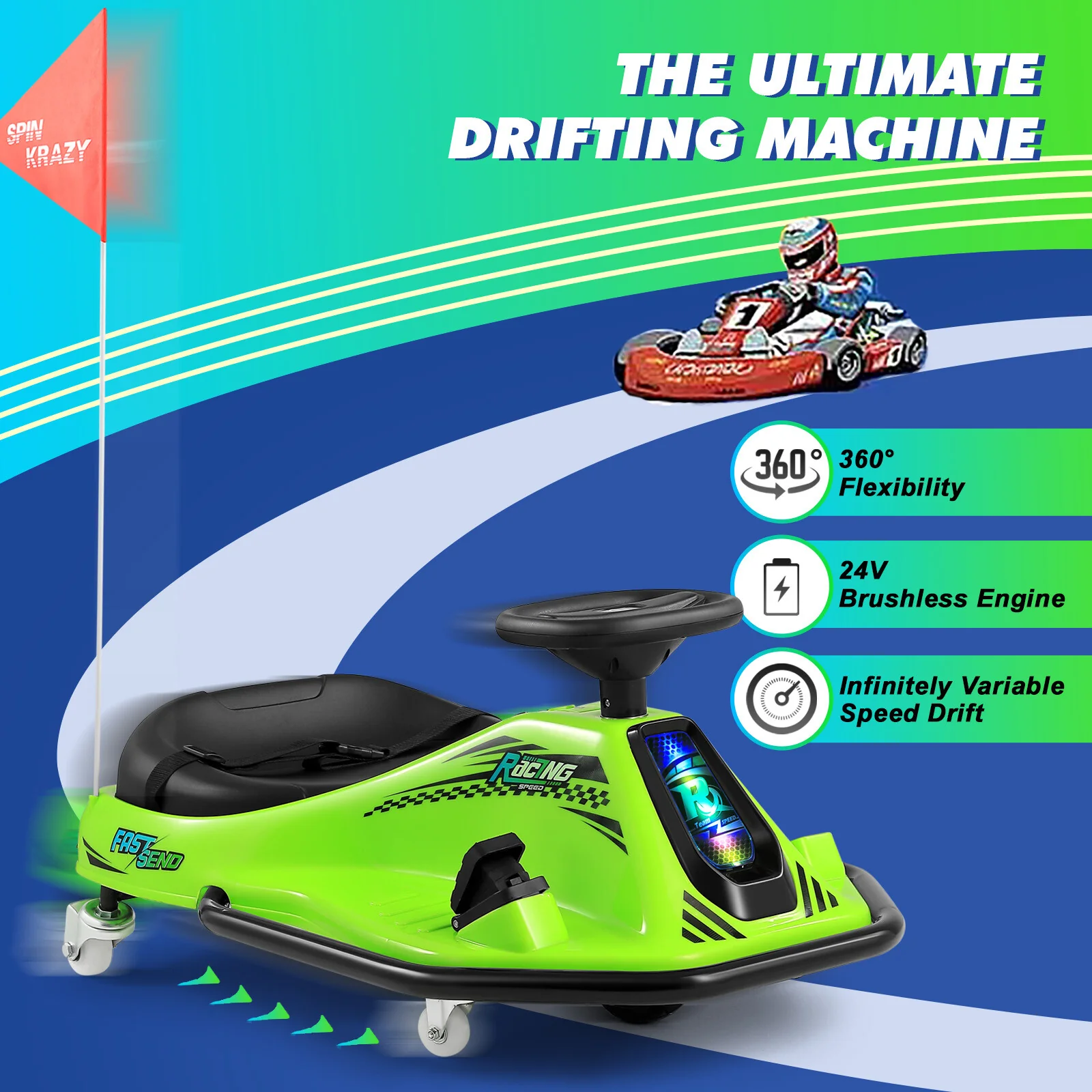 24V Kids Electric Drift Go-Kart with 360° Rotation and Bluetooth Control Green - Image 5