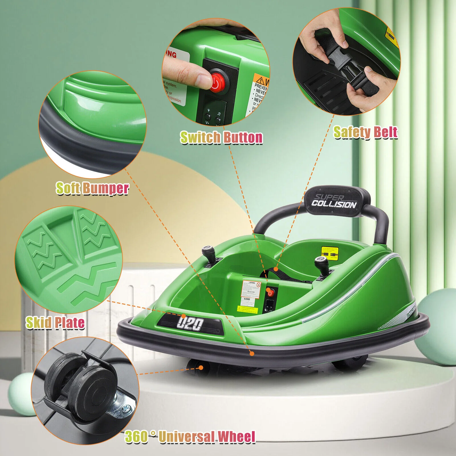 360° Rotating Green Electric Bumper Car for Kids with Remote Control - Image 4
