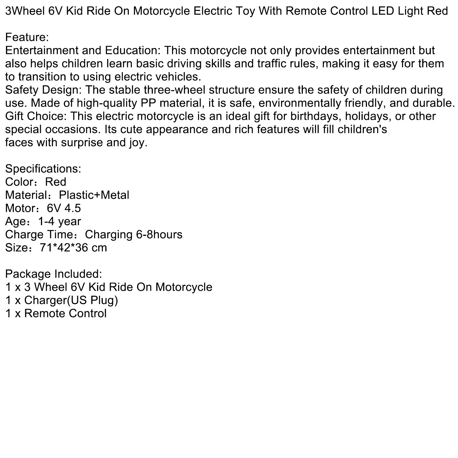 Red 3-Wheel 6V Electric Motorcycle Toy for Kids with Remote Control and LED Lights - Image 9
