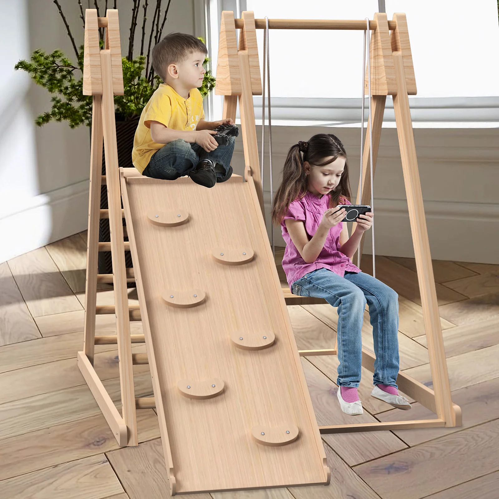 4-in-1 Indoor Jungle Play Gym with Baby Swing, Slide, and Ladder