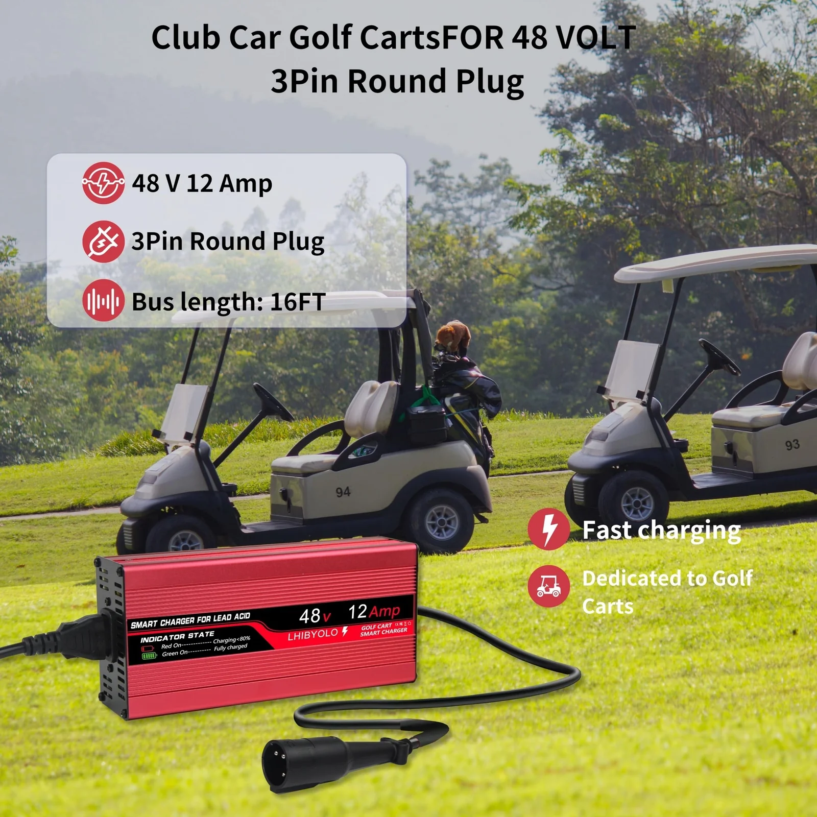 48V Golf Cart Battery Charger with 12A Output and 3-Pin Round Plug for 12A Club Car - Image 2
