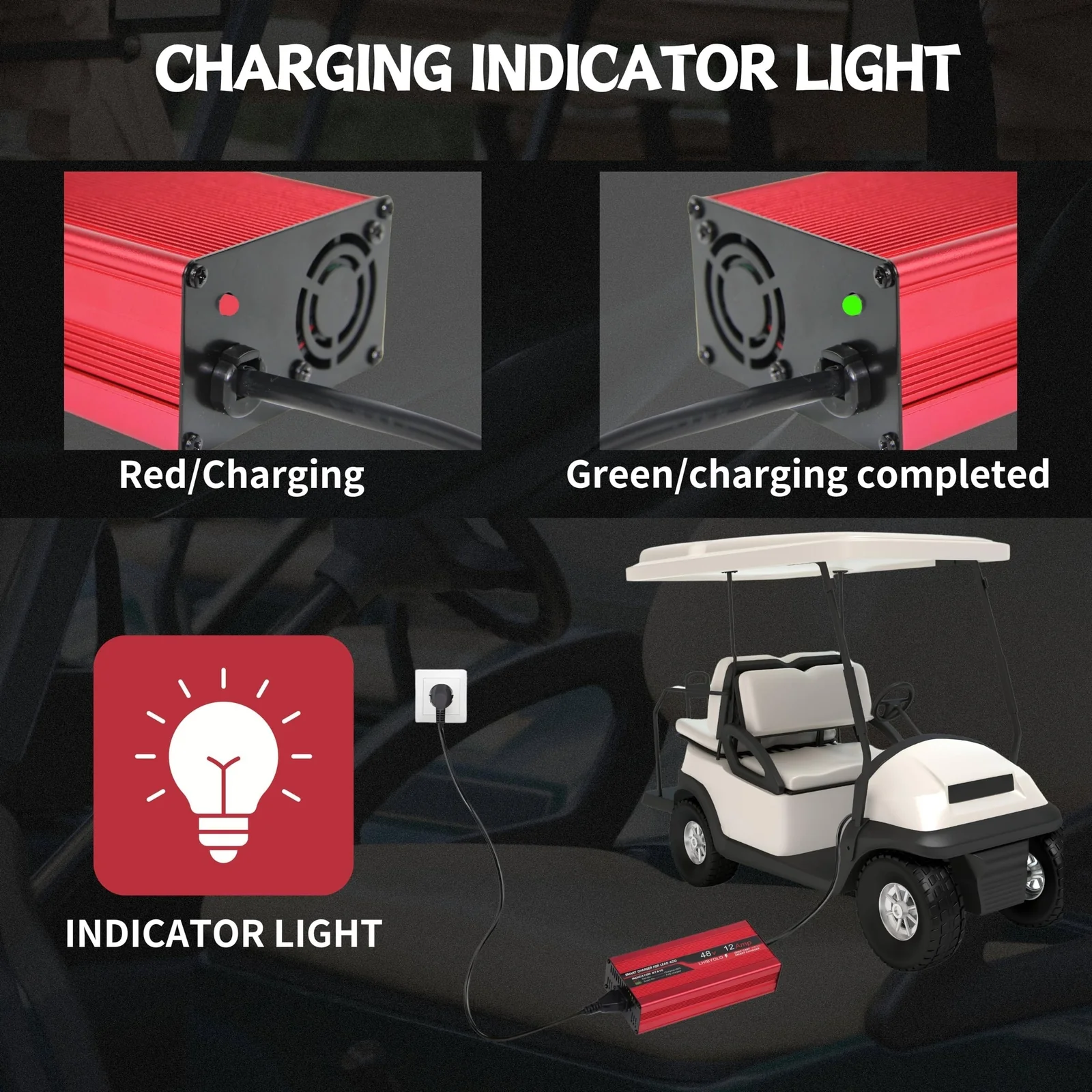 48V Golf Cart Battery Charger with 12A Output and 3-Pin Round Plug for 12A Club Car - Image 5