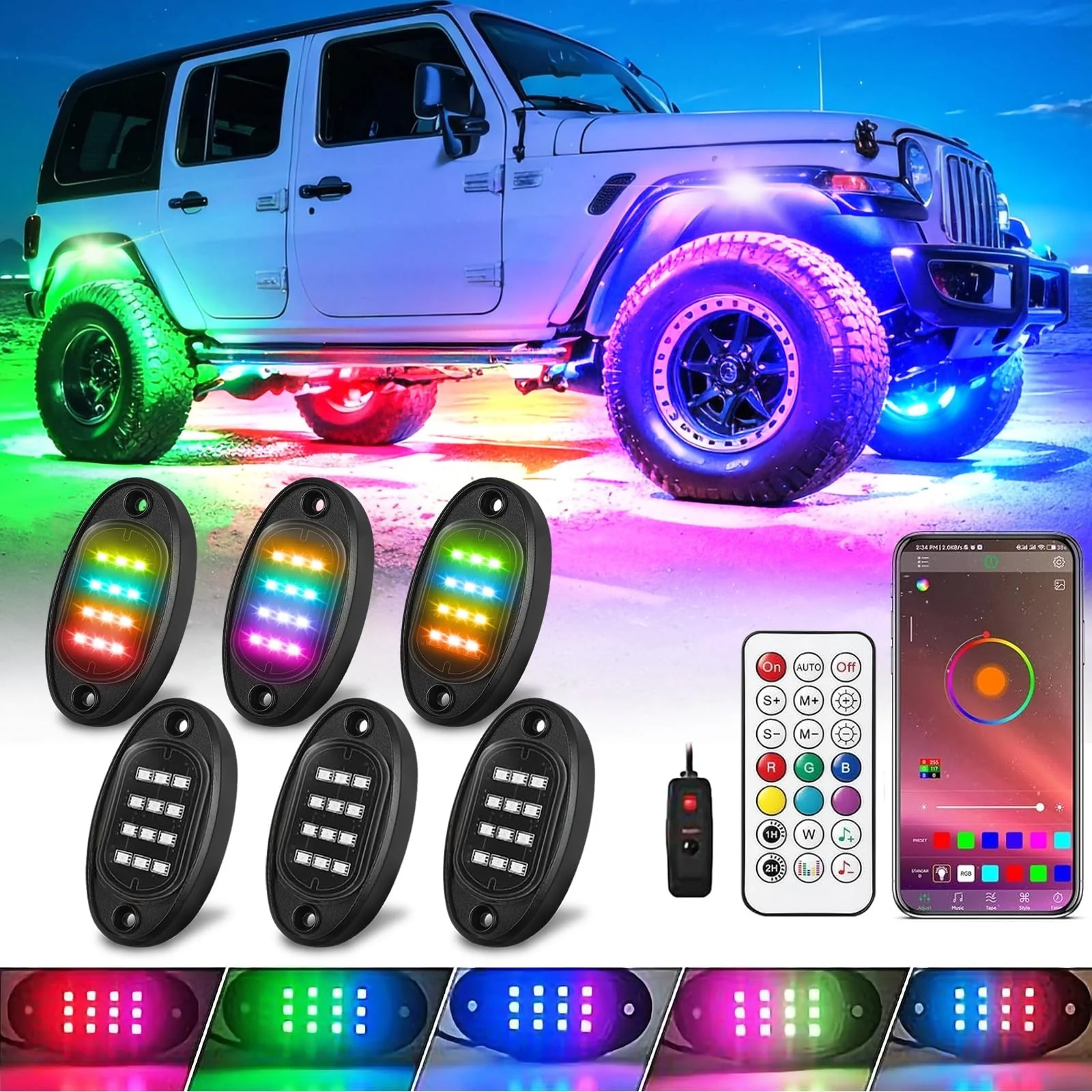 6 Pod Multicolor LED Rock Lights for UTVs, ATVs, Golf Carts, Trucks, SXS, SUVs, RZRs with Music Sync