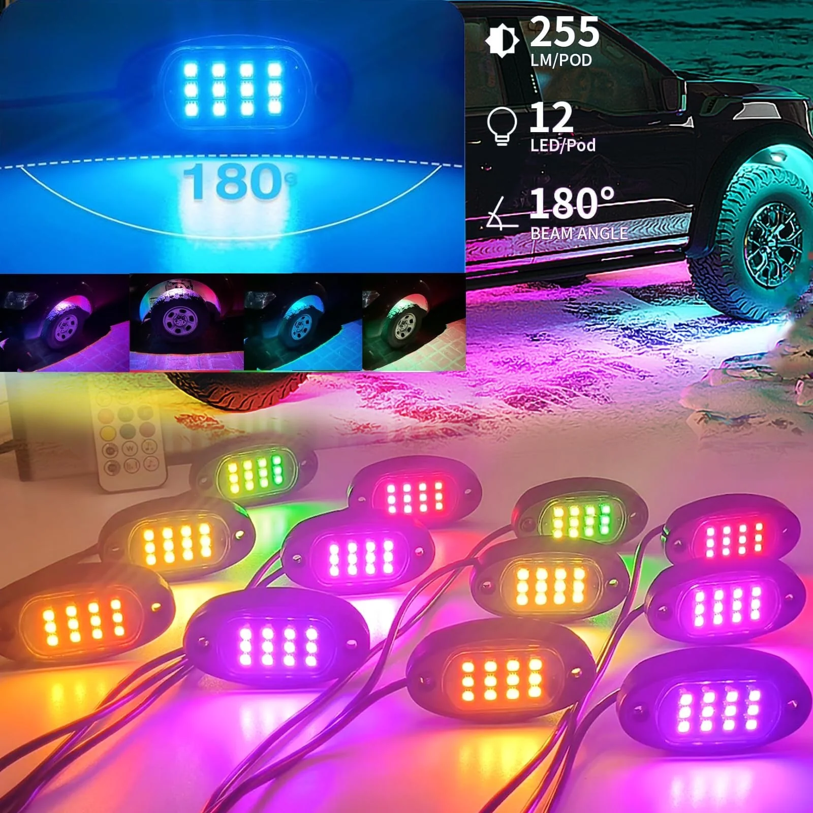 6 Pod Multicolor LED Rock Lights for UTVs, ATVs, Golf Carts, Trucks, SXS, SUVs, RZRs with Music Sync - Image 2