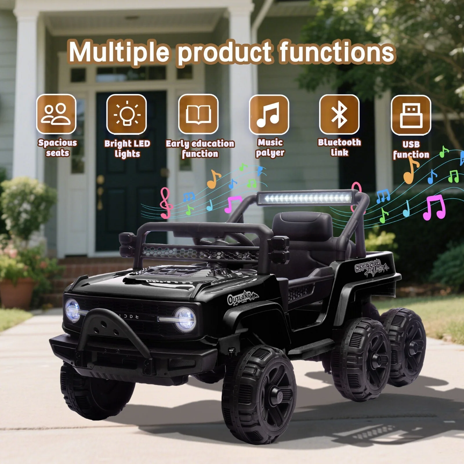 6-Wheels 12V Electric Ride-On Truck Toy with Remote, LED Lights, and MP3 Player for Kids, Black - Image 24