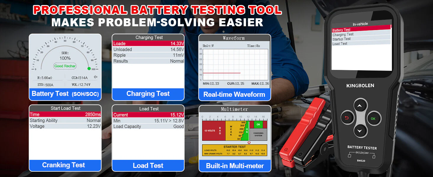 6V 12V 24V Car Battery Tester for Cars Trucks SUVs Motorcycles 100-2000 CCA - Image 10