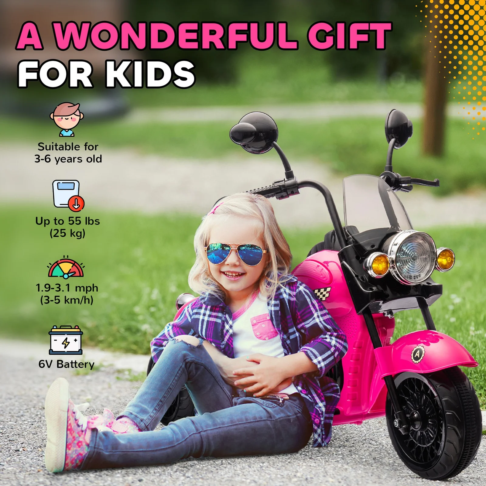 6V 3-Wheel Electric Kids Motorcycle with Headlights and Music Pink - Image 8