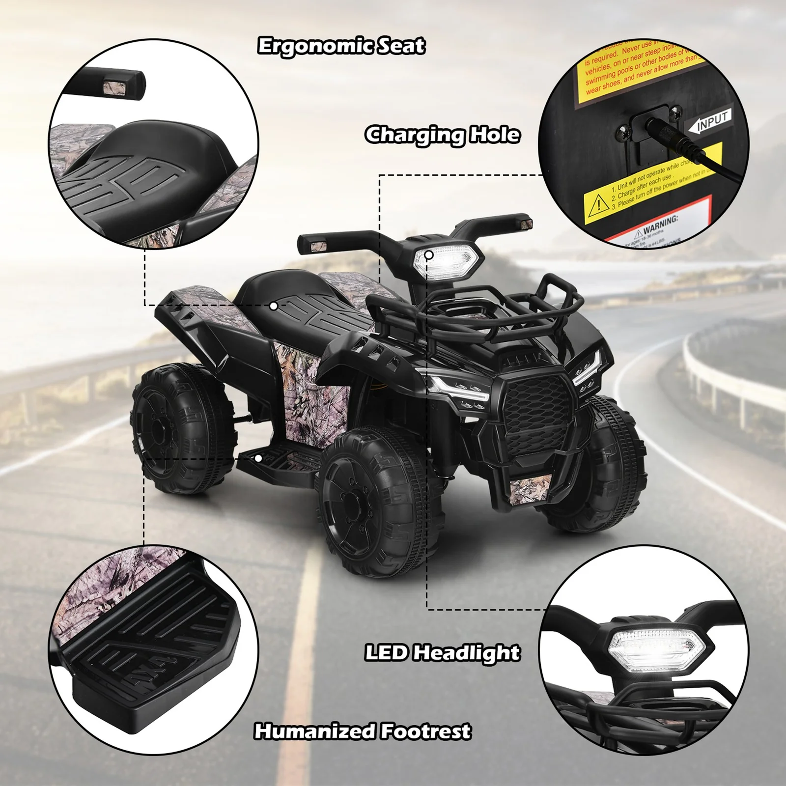 6V 4-Wheel Kids ATV Quad Ride-On Car Toy with Music, Horn, and LED Lights - Black - Image 9