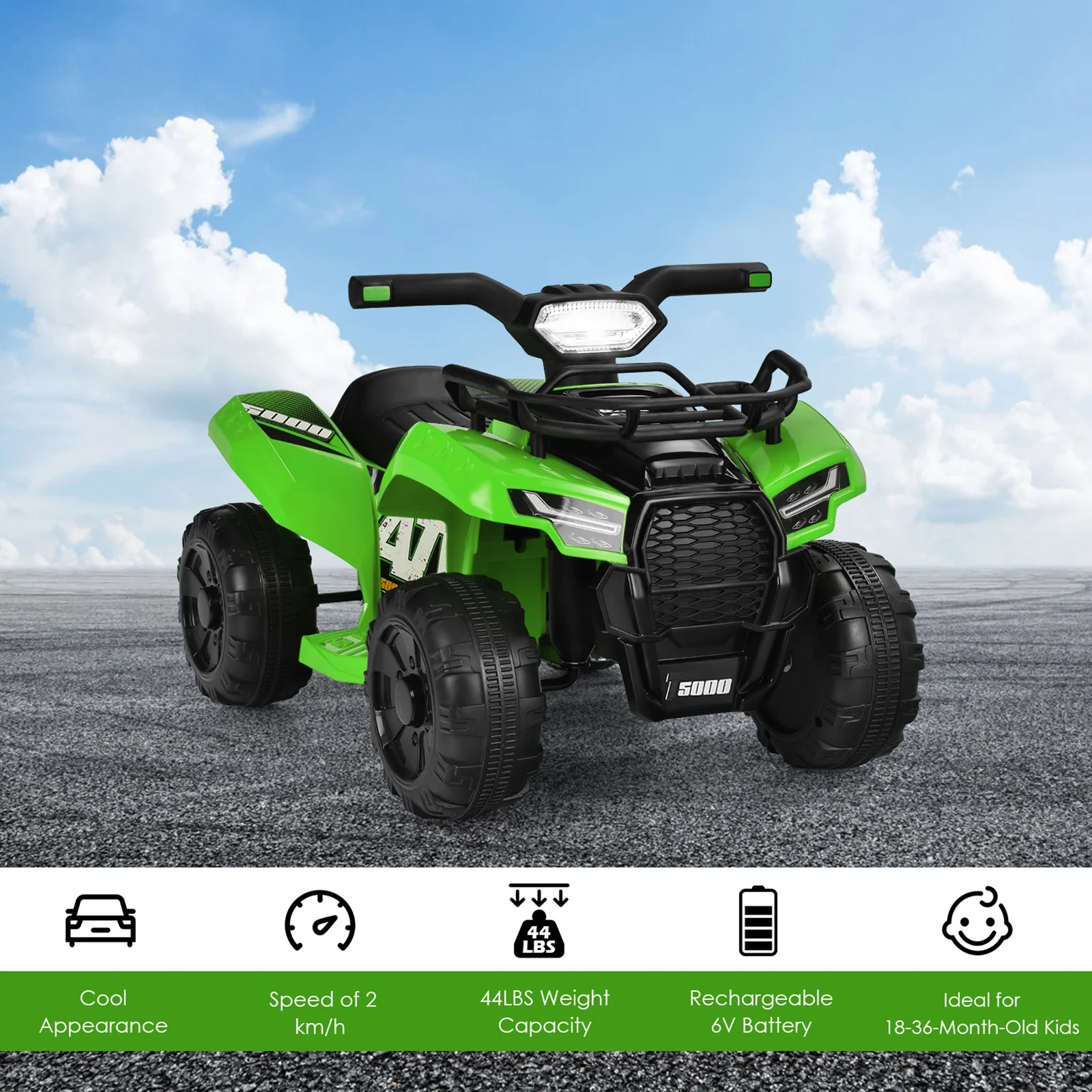 6V 4-Wheel Kids Green ATV Quad Ride-On Toy with Music, Horn, and LED Lights - Image 5