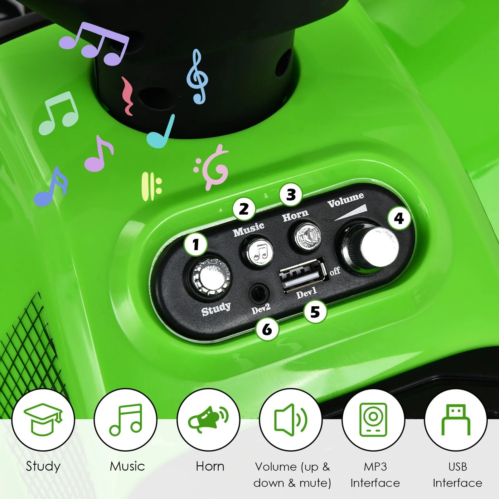 6V 4-Wheel Kids Green ATV Quad Ride-On Toy with Music, Horn, and LED Lights - Image 6