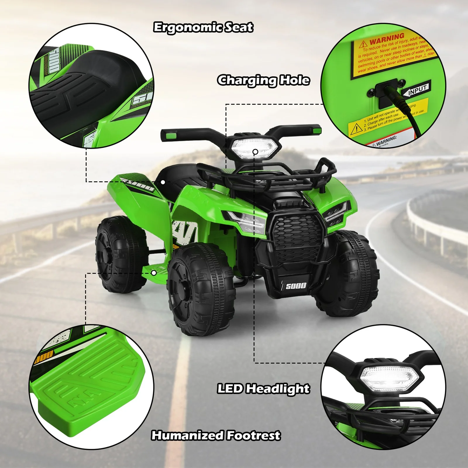 6V 4-Wheel Kids Green ATV Quad Ride-On Toy with Music, Horn, and LED Lights - Image 9