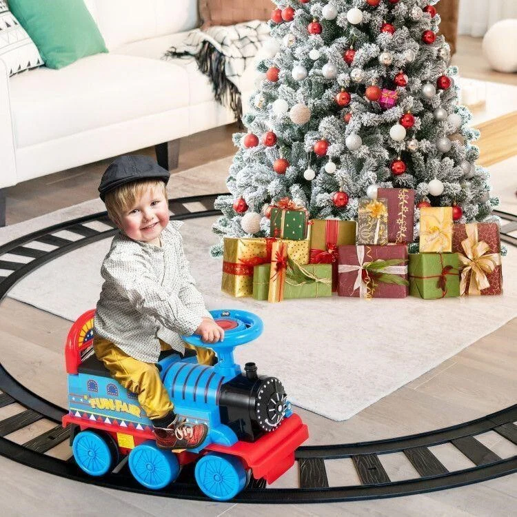 6V Battery-Powered Electric Ride-On Train Toy Car with Curved Tracks, Lights, and Music for Children