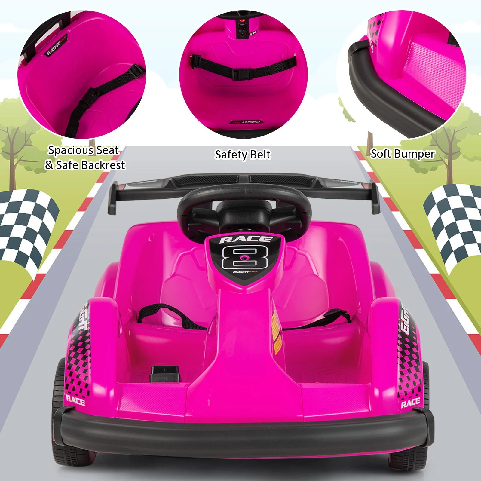 6V Battery-Powered Pink Kids 4-Wheel RC Go-Kart with Bumper and Music - Image 7