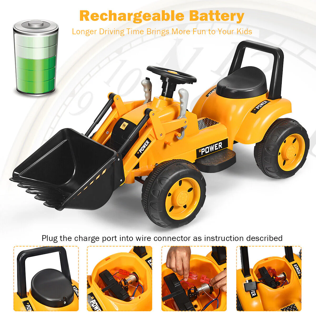 6V Battery Powered Kids Excavator Tractor with Digging Bucket - Yellow - Image 9