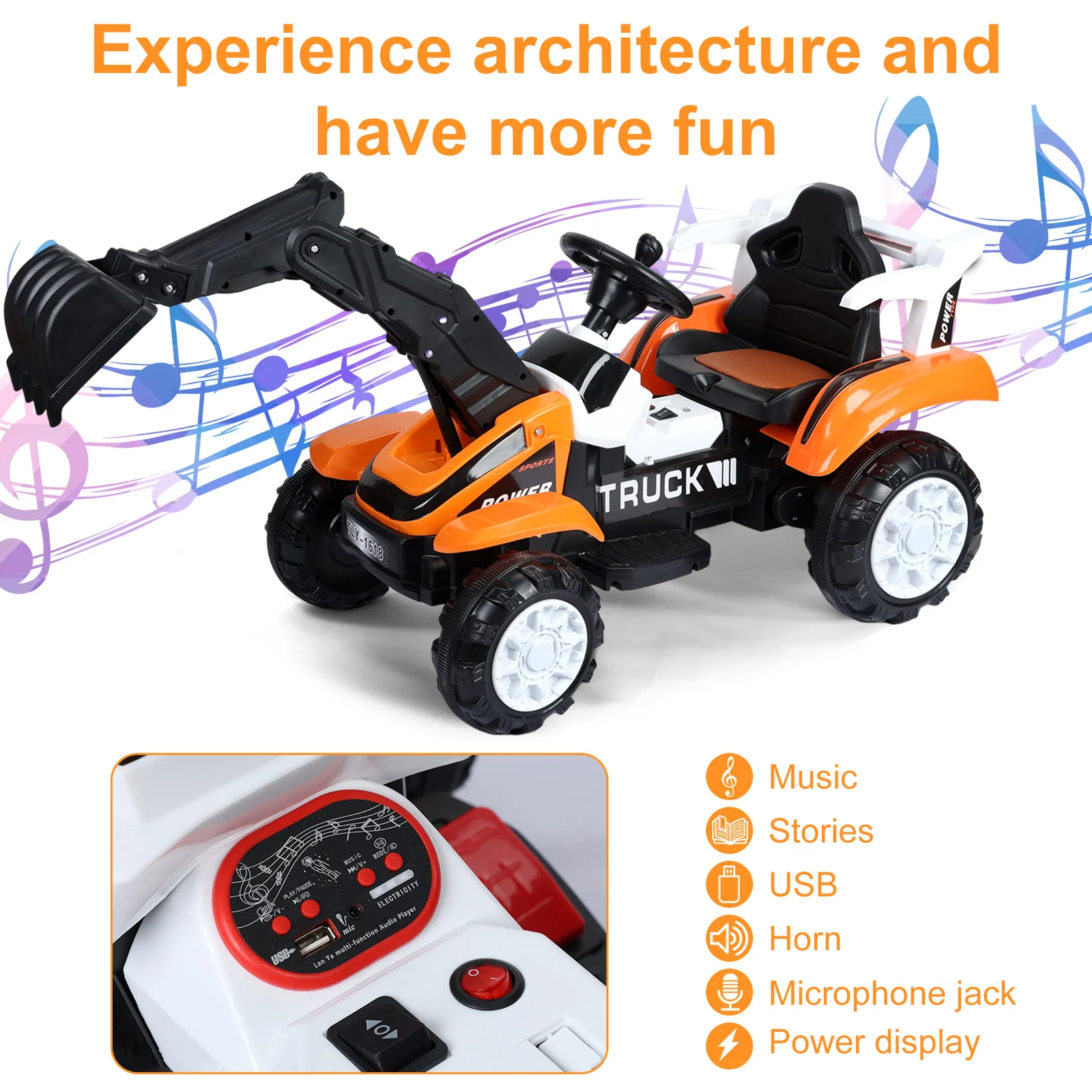 6V Battery-Powered Kids Ride-On Excavator Toy with Music, Sounds, and Safety Belt - Image 15