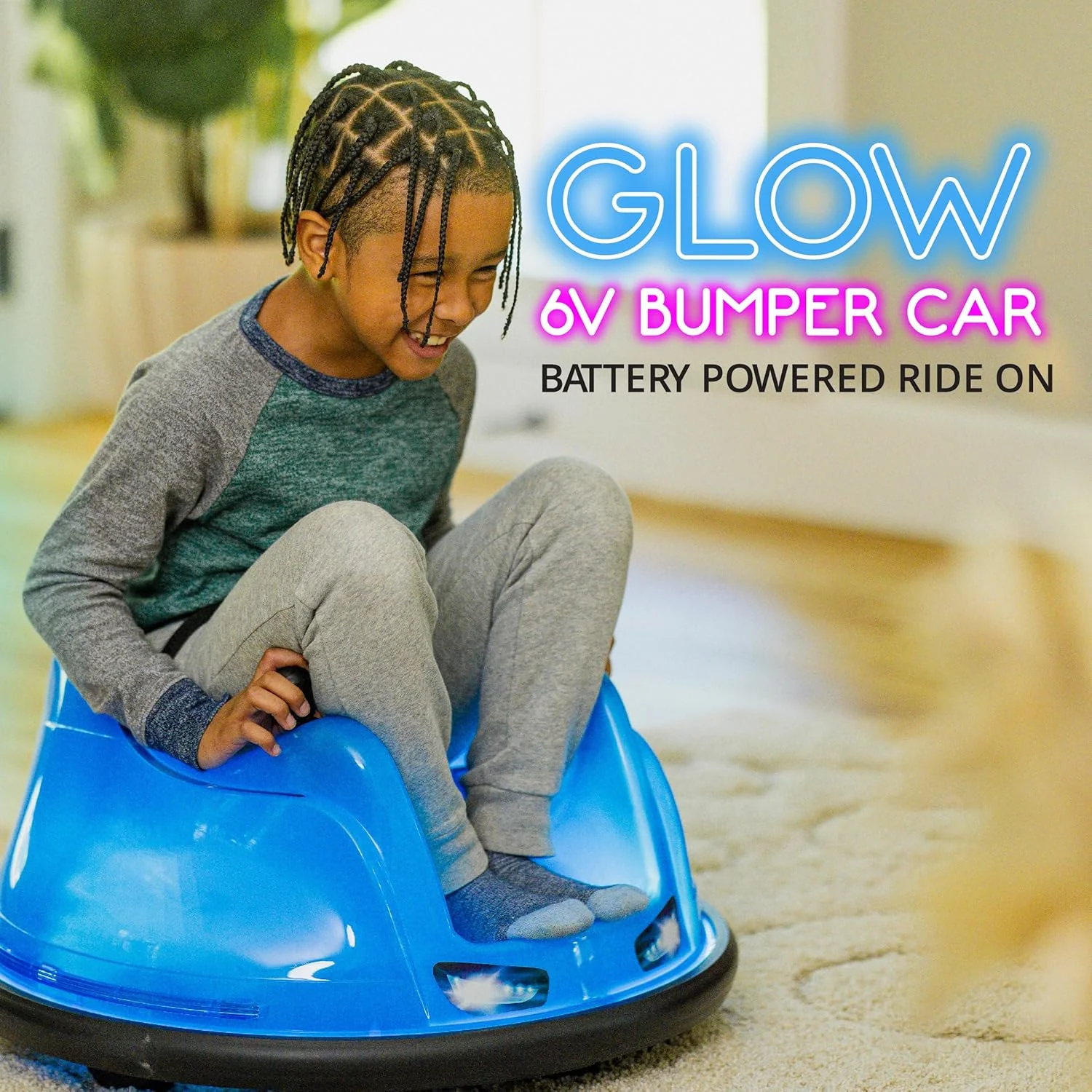 6V Blue Glow LED Rechargeable Kids Ride-On Bumper Car with 360° Spin - Image 2