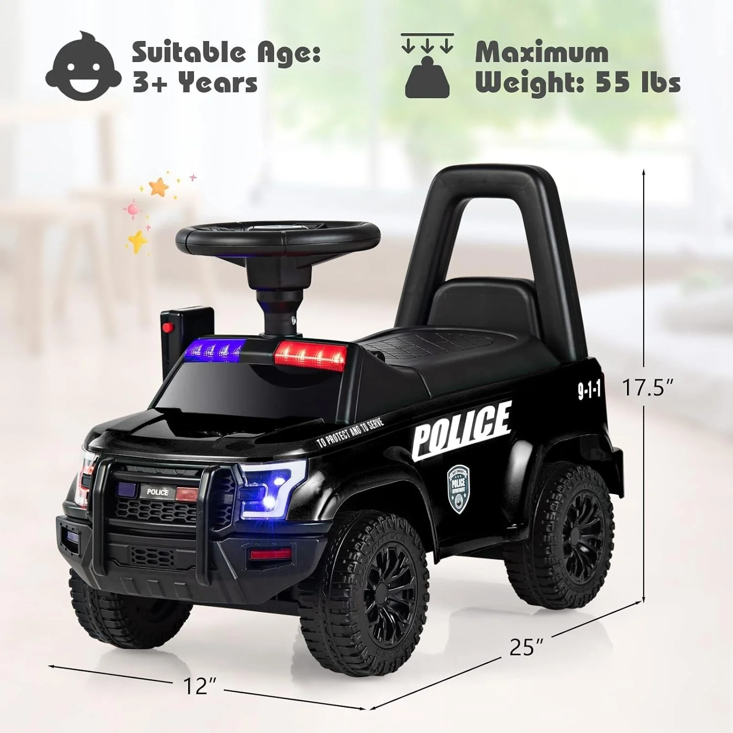 Carro eléctrico montable 6V con megáfono y sonido de sirena para niños de 2 a 4 años - Image 2