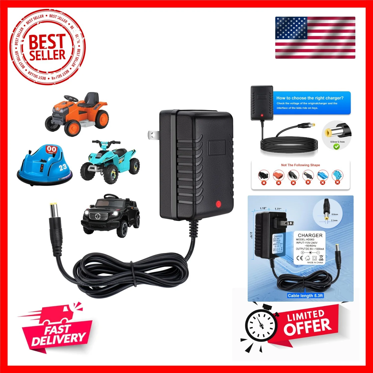 6V Battery Charger for Kids Ride-On Cars and Toddler Quad Toys - Image 9