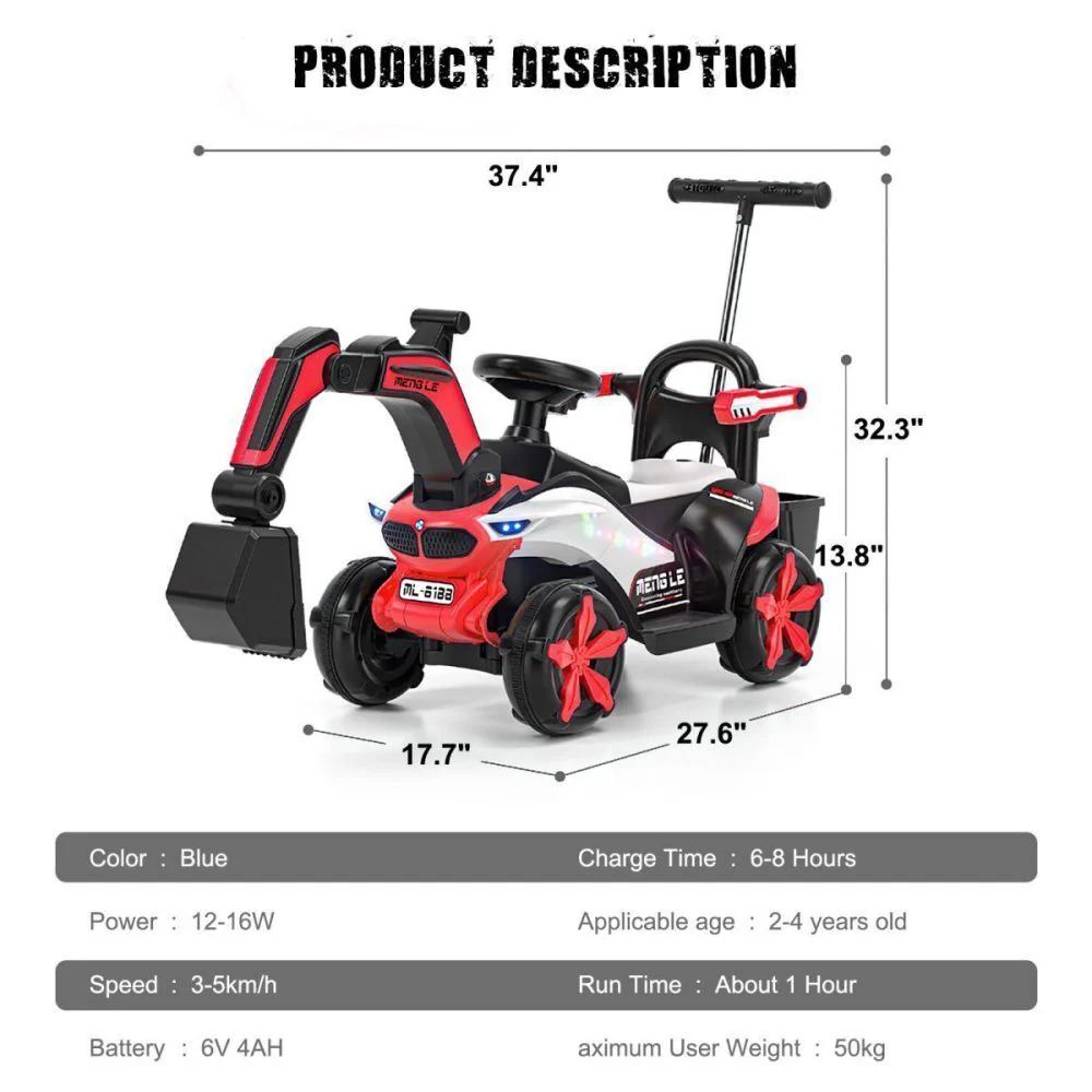 6v Electric Excavator Toy Car with Bluetooth, Helmet, and Rear Attachment for Kids - Image 2