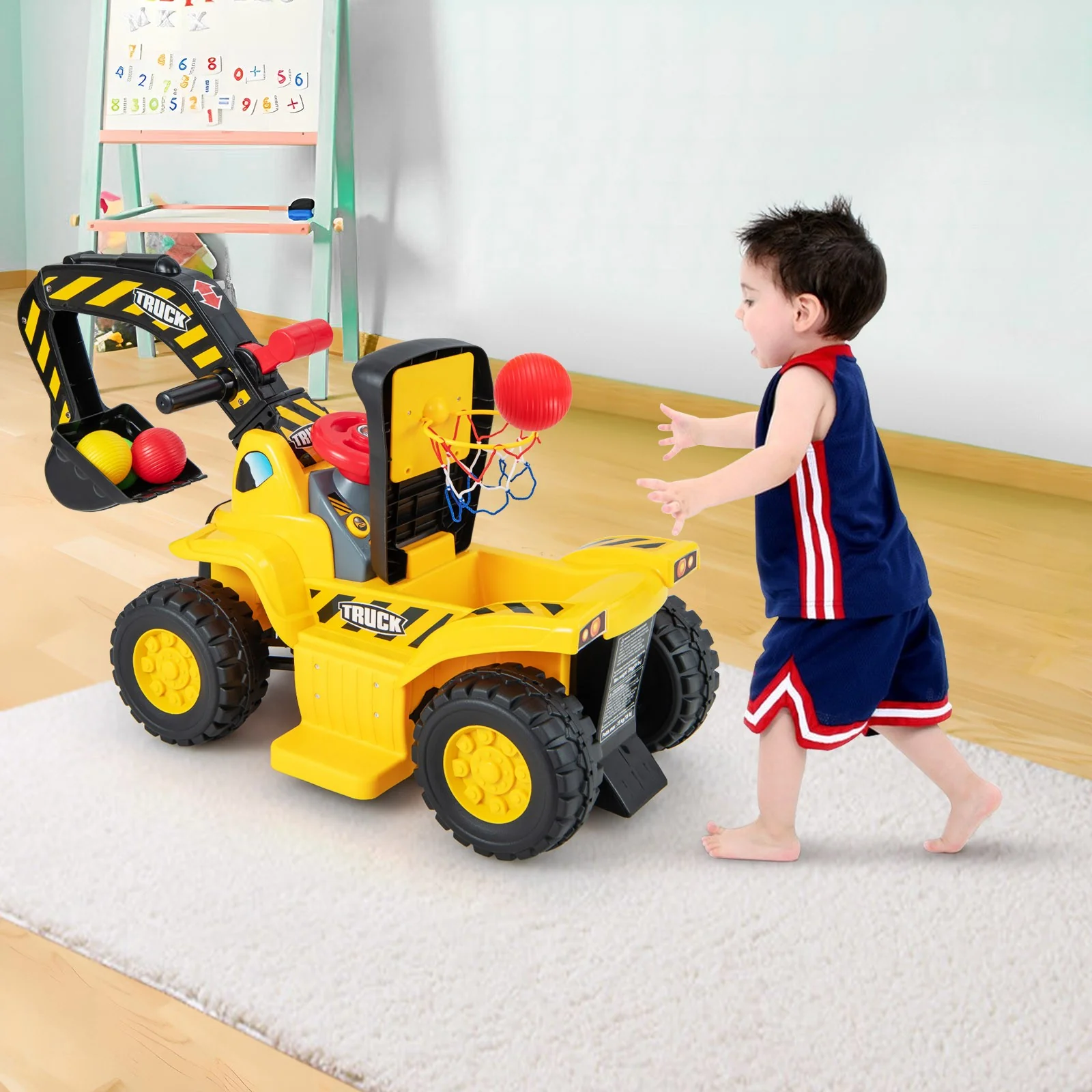 6V Electric Ride-On Excavator and Tractor Toy with Basketball Hoop for Kids - Image 4
