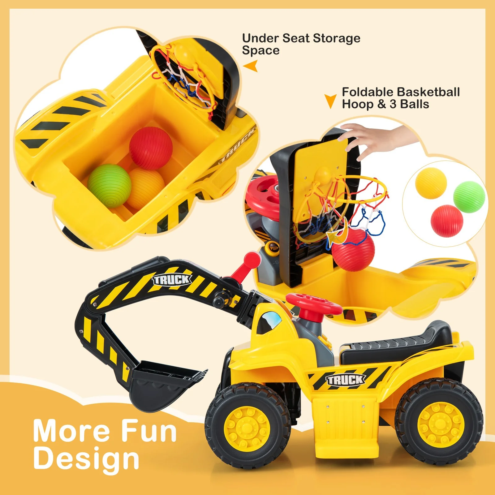6V Electric Ride-On Excavator and Tractor Toy with Basketball Hoop for Kids - Image 7