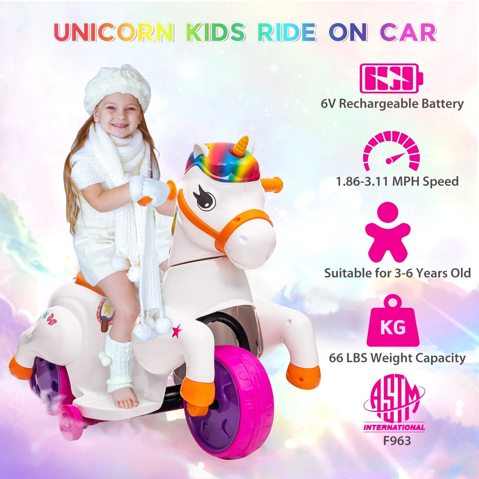 6V Battery-Powered Electric Unicorn Ride-On Car with Music for Toddlers - Image 13