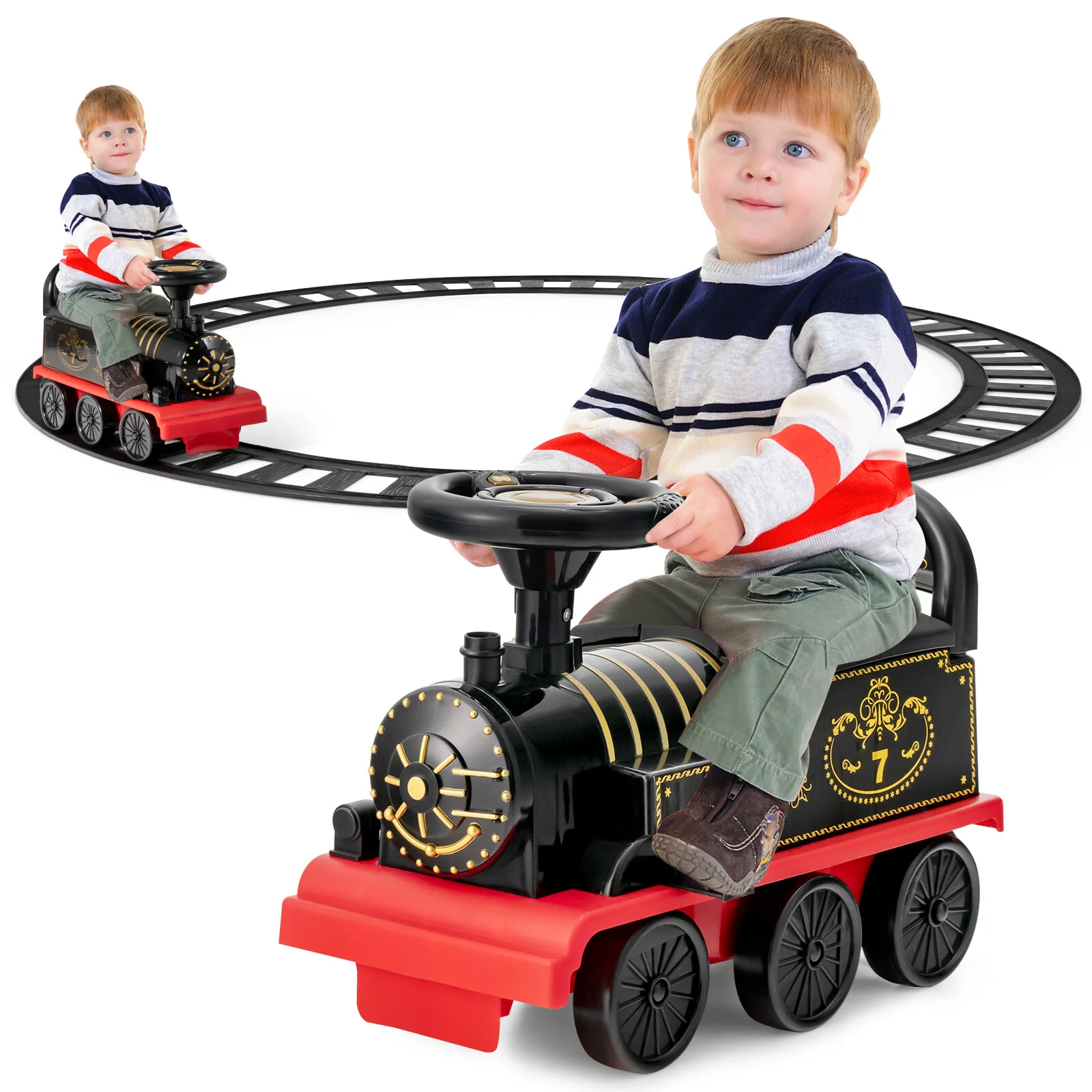 6V Electric Motorized Kids Ride-On Train Toy with Track and 6 Wheels, Black