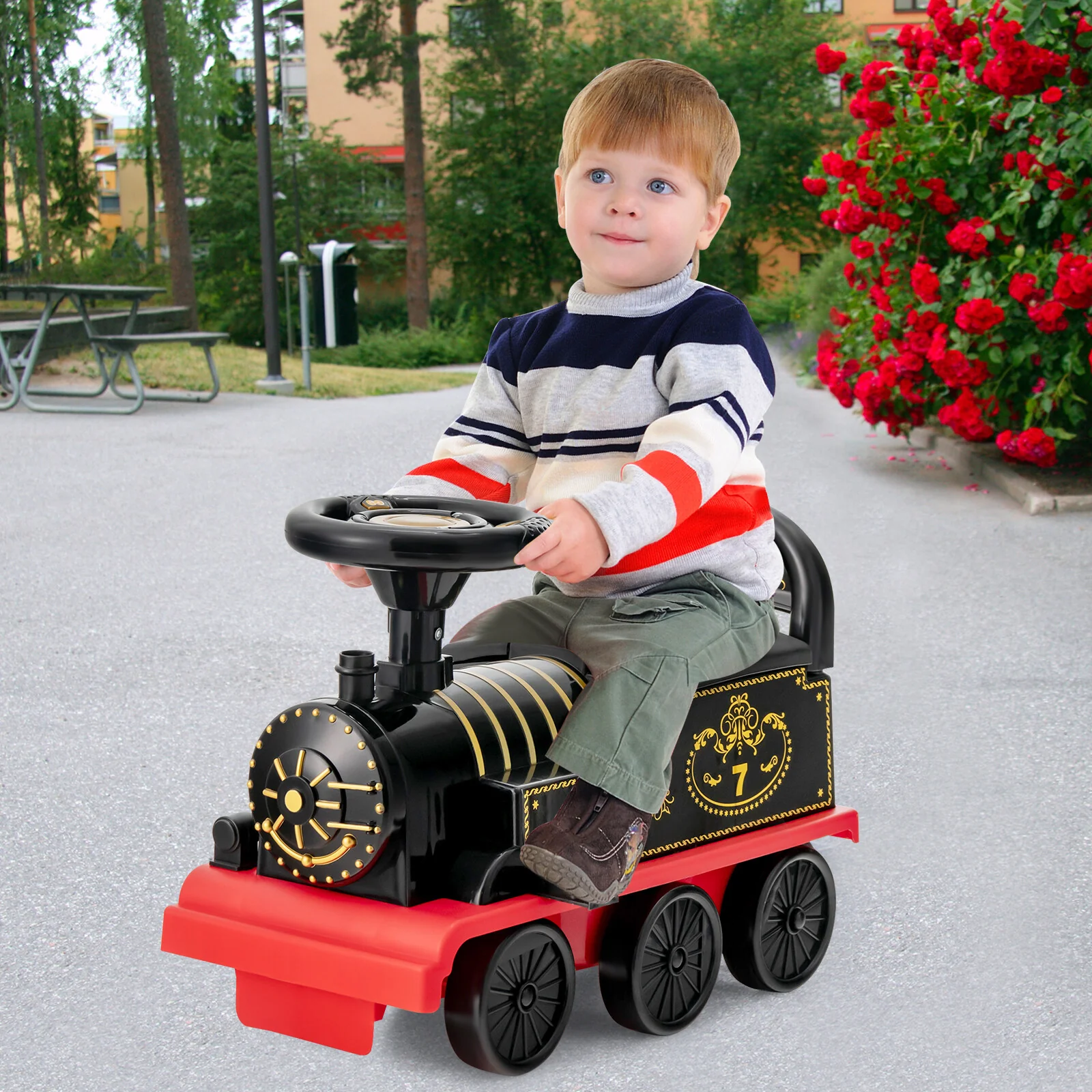 6V Electric Motorized Kids Ride-On Train Toy with Track and 6 Wheels, Black - Image 3