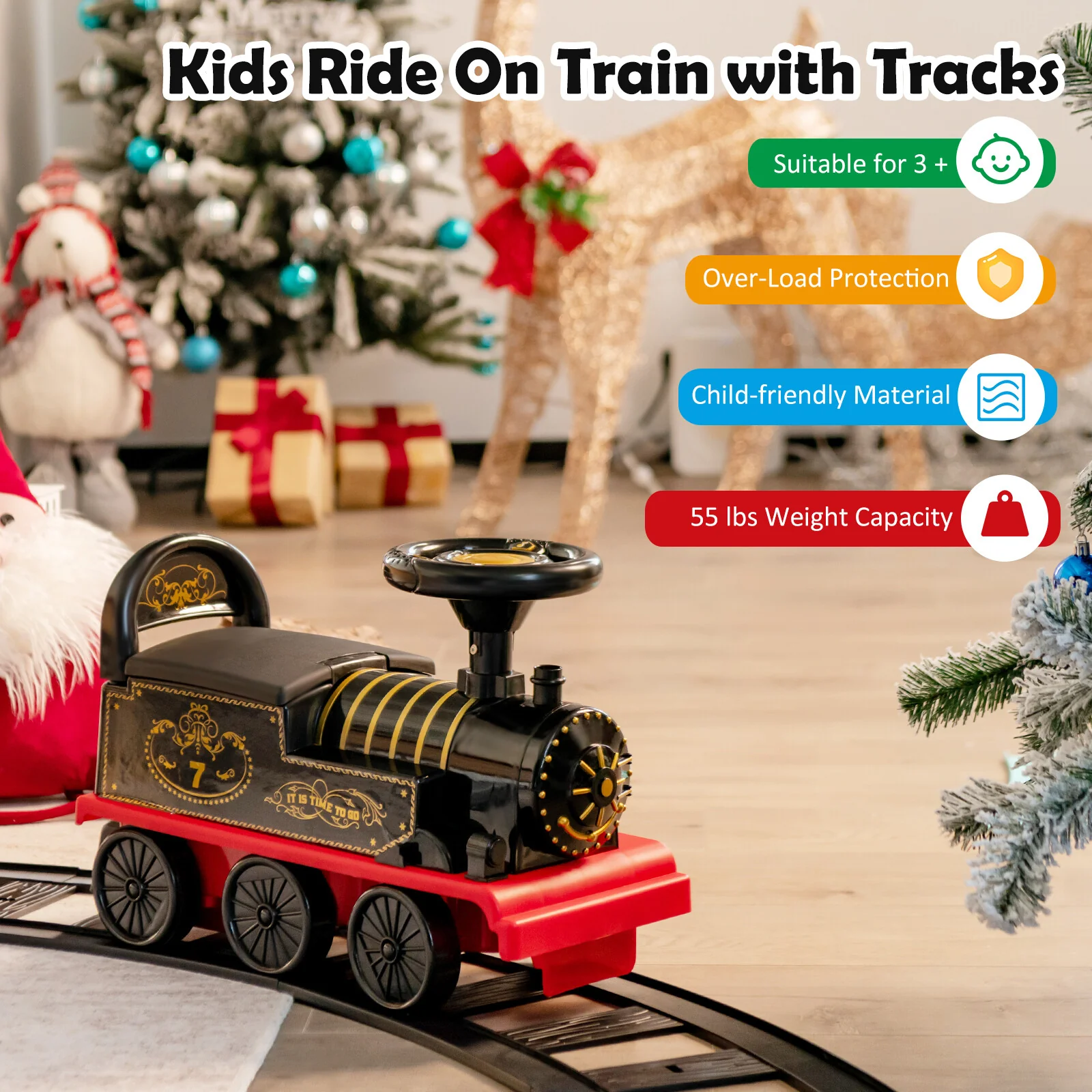 6V Electric Motorized Kids Ride-On Train Toy with Track and 6 Wheels, Black - Image 5