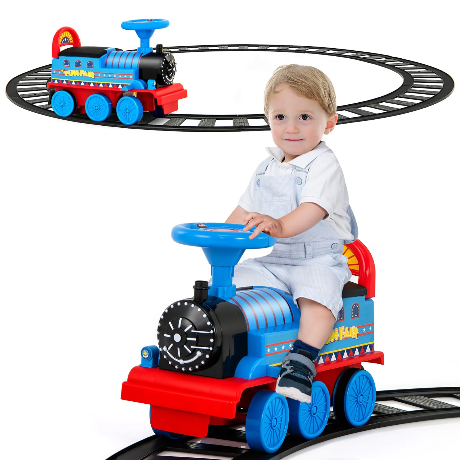 6V Motorized Kids Ride-On Train Toy with Track and 6 Wheels in Navy