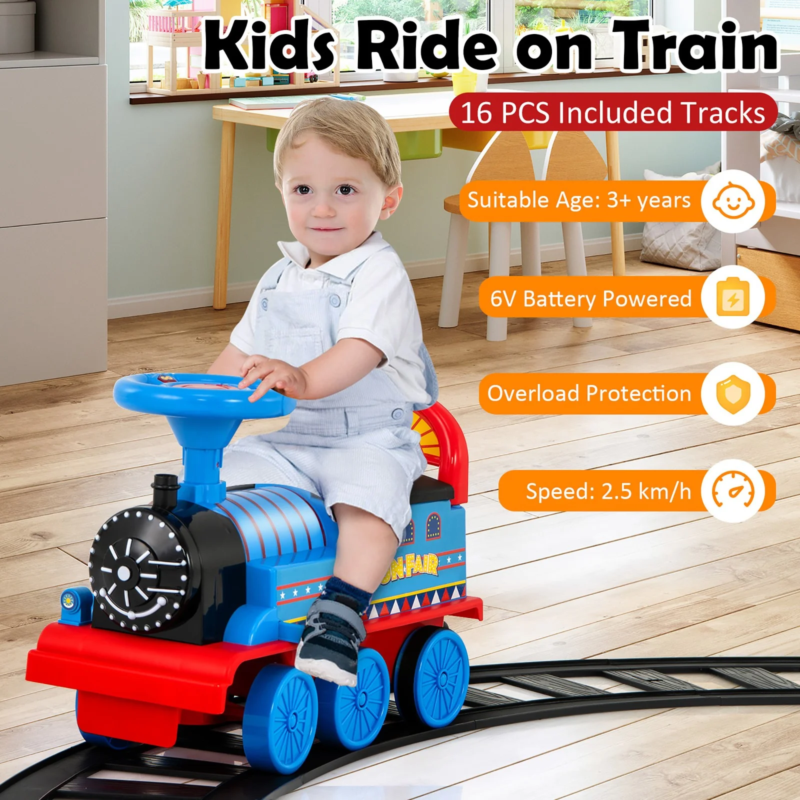 6V Motorized Kids Ride-On Train Toy with Track and 6 Wheels in Navy - Image 2