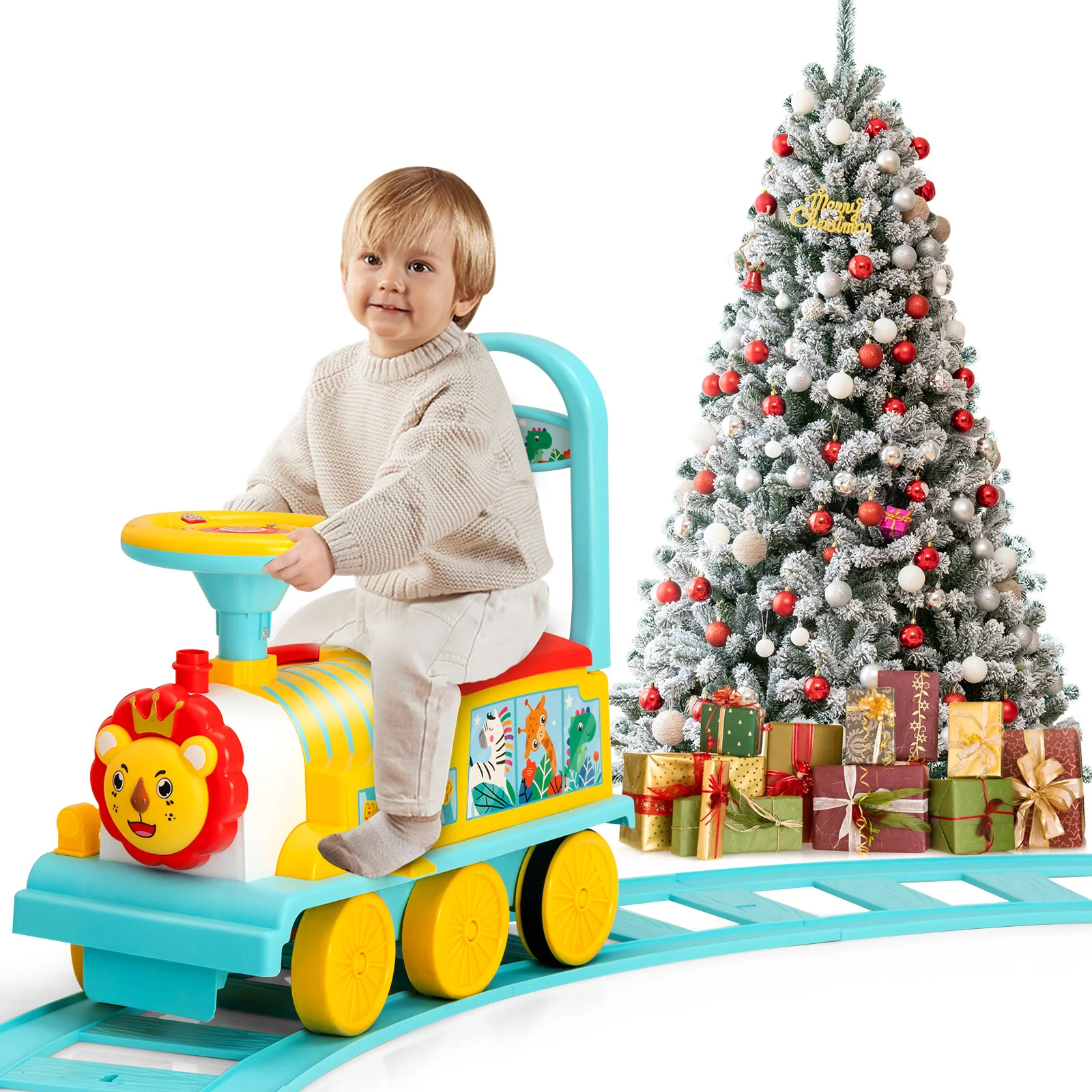 6V Electric Kids Ride-On Train with 16 Curved Tracks and 6 Stable Wheels in Blue