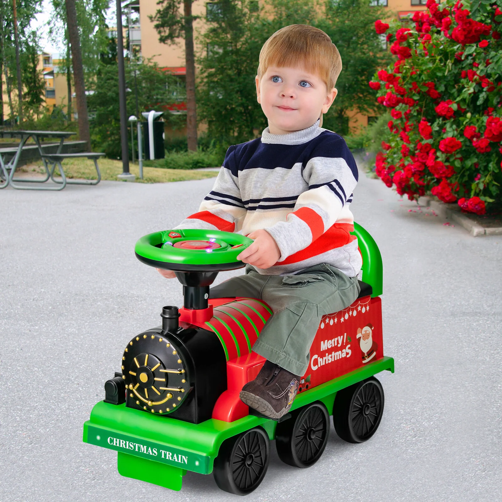 6V Electric Kids Ride-On Train with 16 Curved Tracks and 6 Stable Wheels Green - Image 3
