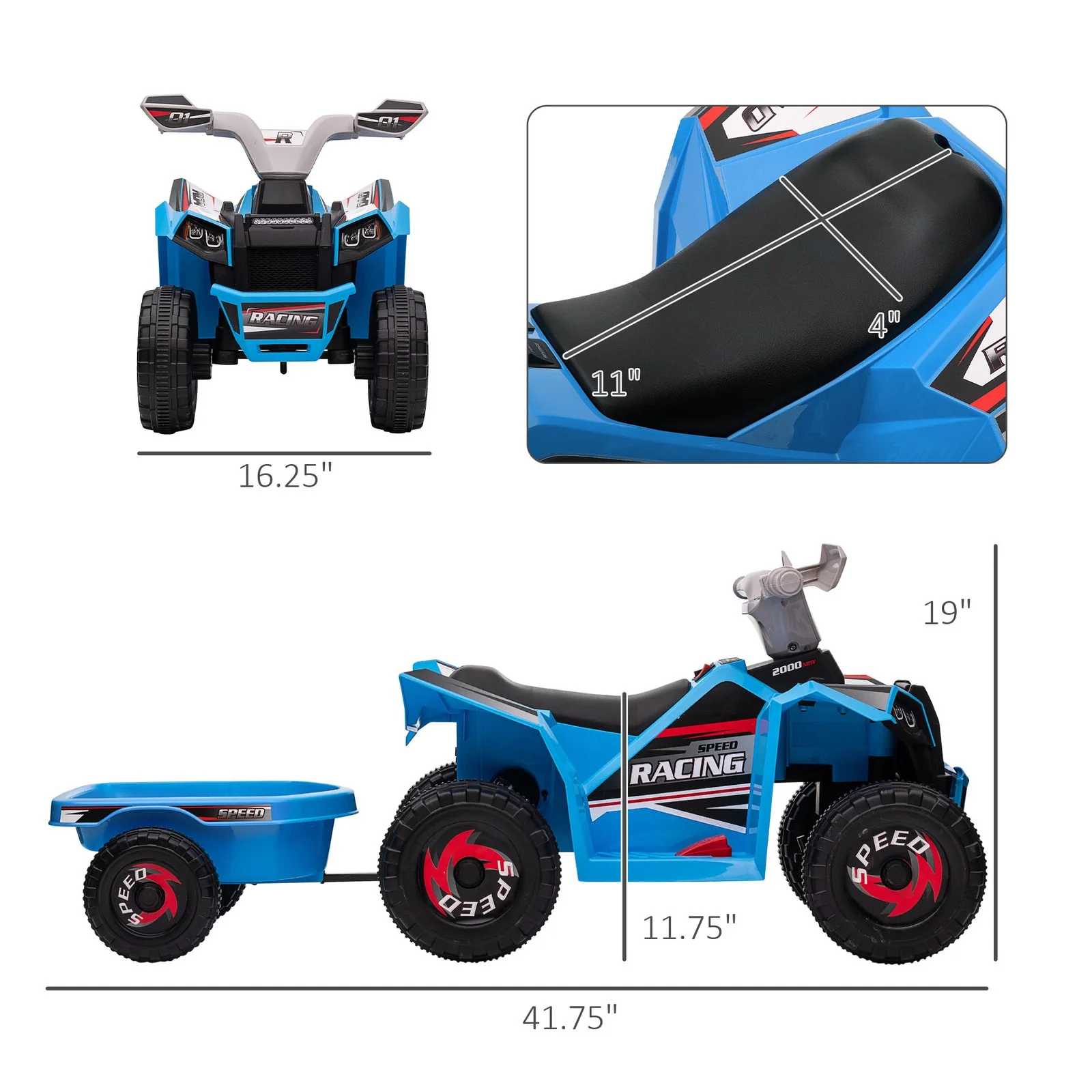 6V Kids Blue ATV Quad Car with Back Trailer and Forward/Backward Motion - Image 3