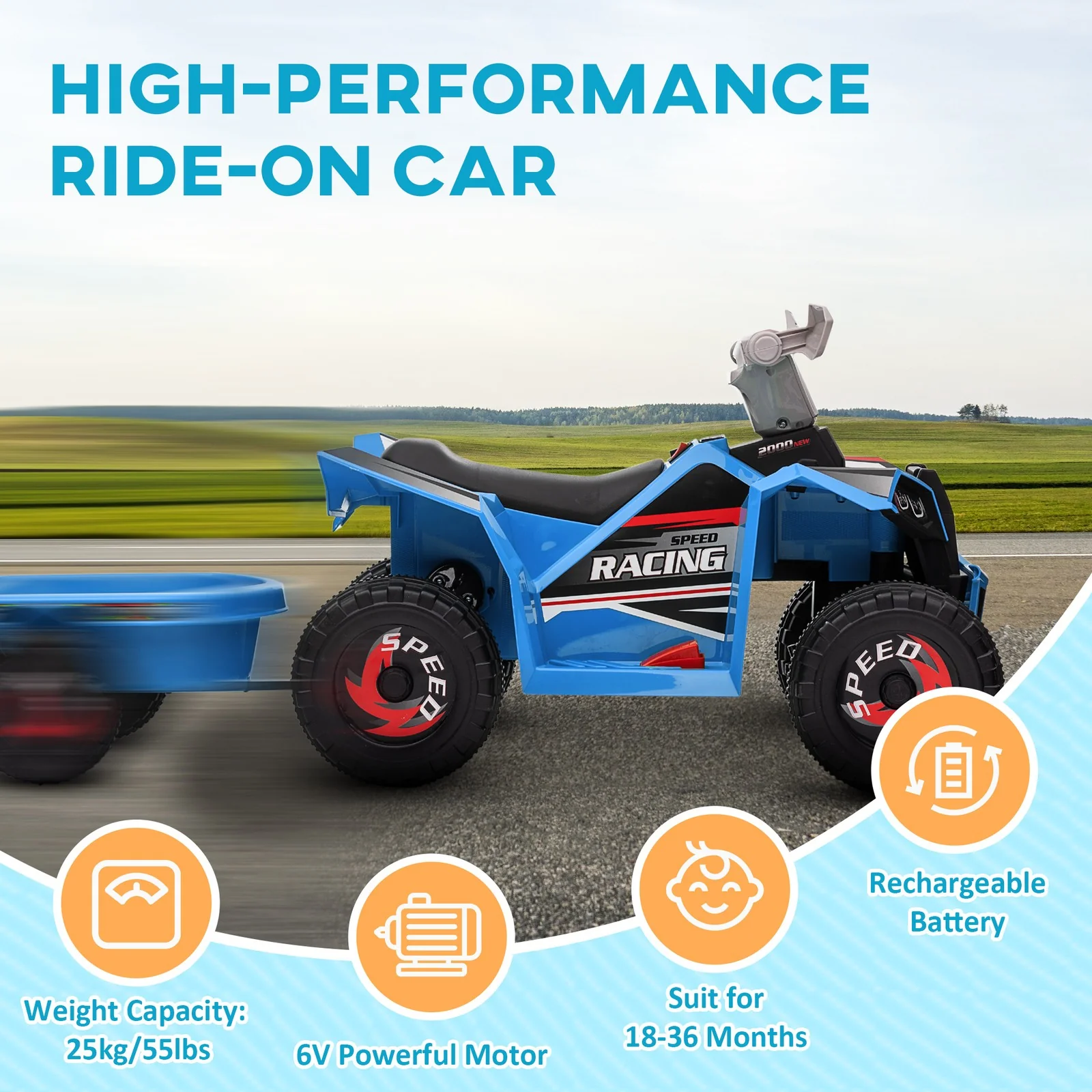 6V Kids Blue ATV Quad Car with Back Trailer and Forward/Backward Motion - Image 7