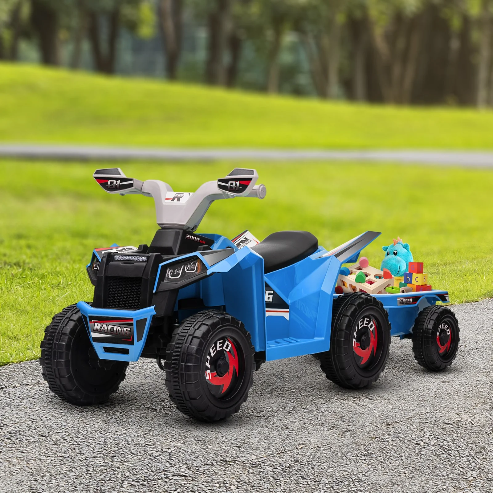 6V Kids Blue ATV Quad Car with Back Trailer and Forward/Backward Motion - Image 9