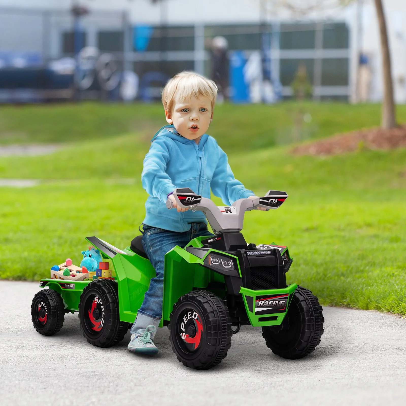 6V Kids ATV Quad Car with Rear Trailer and Forward/Backward Drive Green - Image 2
